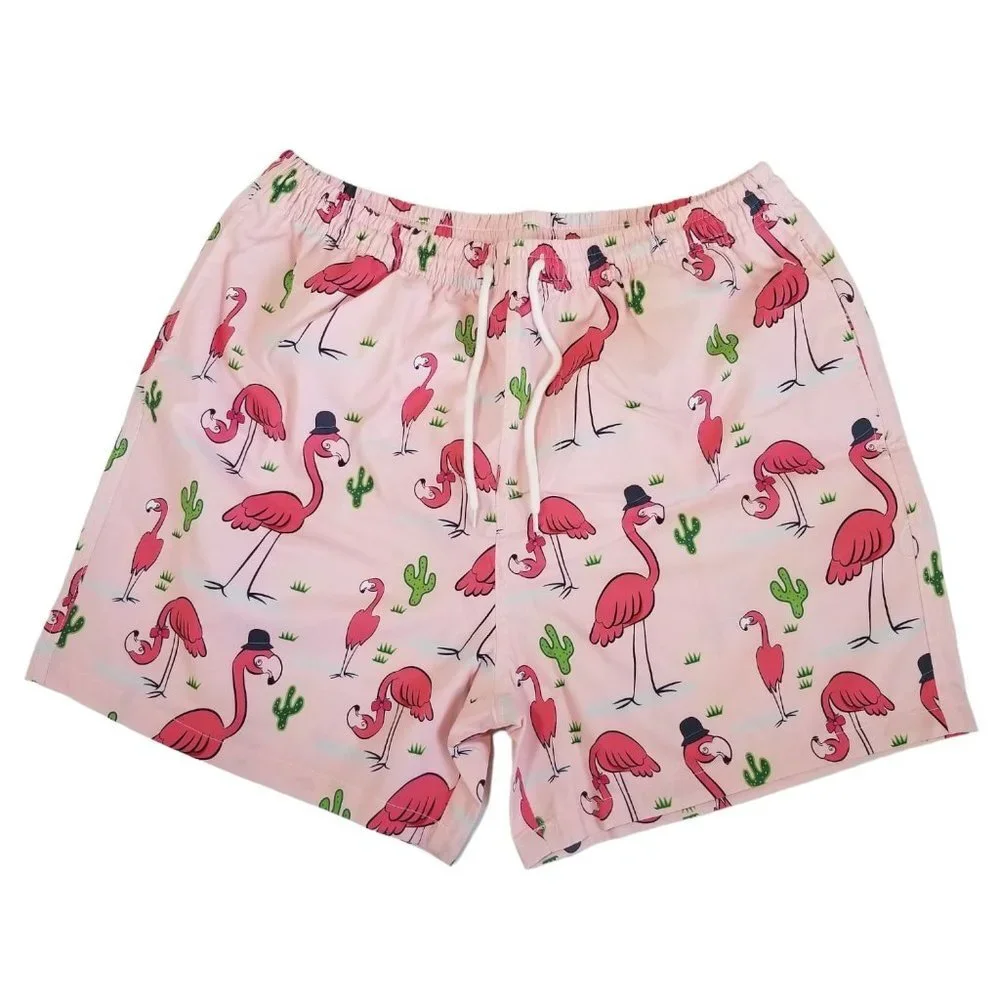 NEW SHEIN Men Flamingo Print Drawstring‎ Waist Swim Trunks SIze L Color Pink